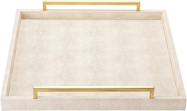 Alt view image 2 of 7 - Large Ottoman Tray for Coffee Table,Square Shagreen Leather Decorative Tray with Gold Handles for Living Room Decor