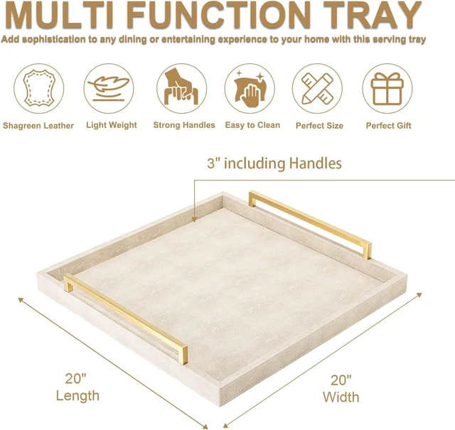 Alt view image 3 of 7 - Large Ottoman Tray for Coffee Table,Square Shagreen Leather Decorative Tray with Gold Handles for Living Room Decor