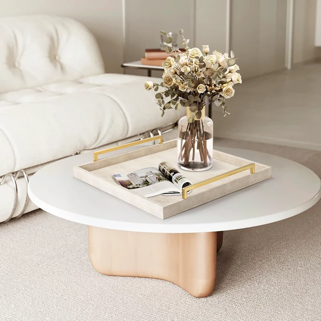 Alt view image 5 of 7 - Large Ottoman Tray for Coffee Table,Square Shagreen Leather Decorative Tray with Gold Handles for Living Room Decor