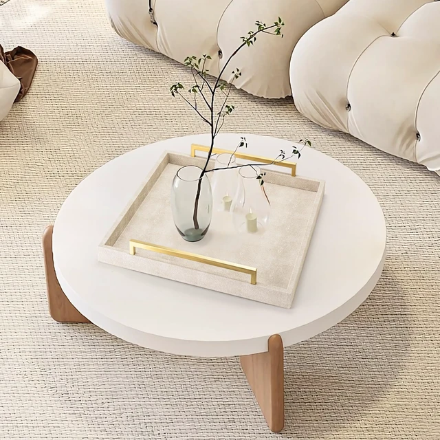 Alt view image 6 of 7 - Large Ottoman Tray for Coffee Table,Square Shagreen Leather Decorative Tray with Gold Handles for Living Room Decor