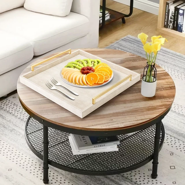 Alt view image 7 of 7 - Large Ottoman Tray for Coffee Table,Square Shagreen Leather Decorative Tray with Gold Handles for Living Room Decor