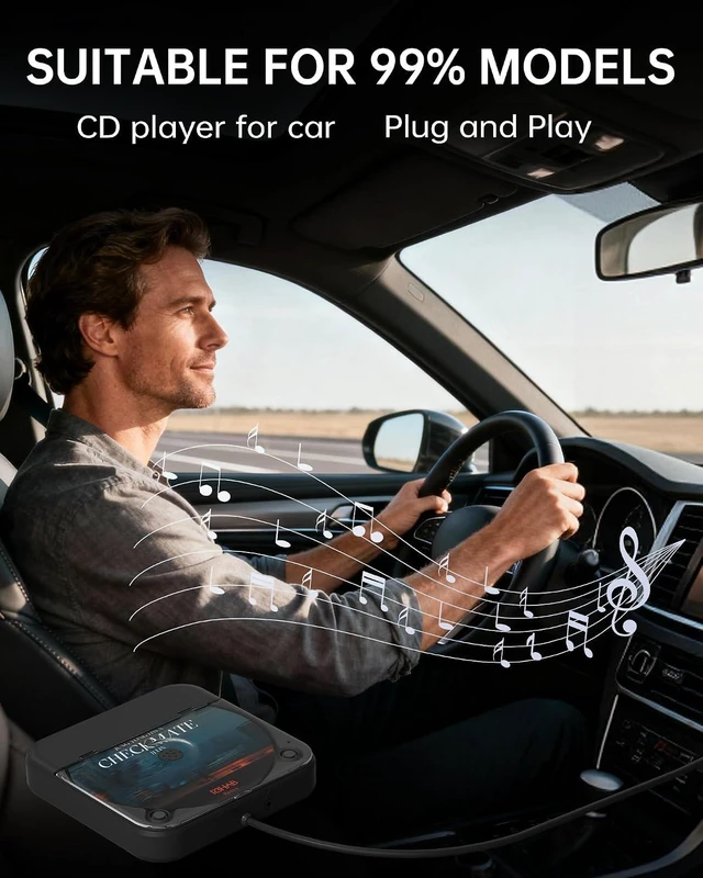 Alt view image 2 of 7 - Portable Car CD Player with USB/AUX Port,External CD Player Compatible with Car Radio Stereo, Laptop, TV, Computer,Universal for Vehicle with Adapter (Black)