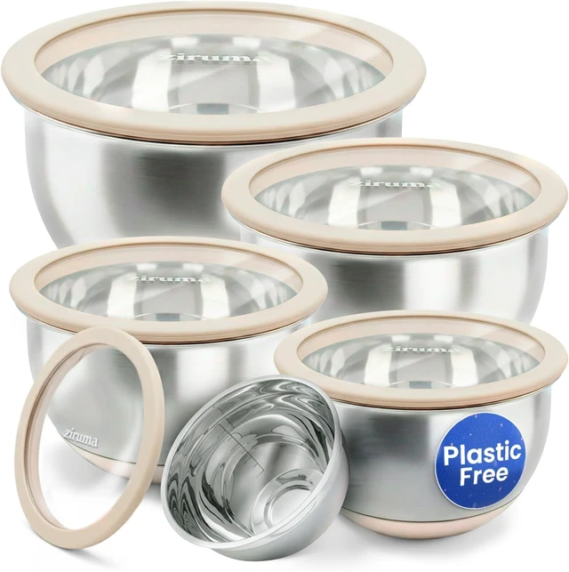 Main image of Non-Toxic Stainless Steel Mixing Bowls, Glass Lids, Plastic Free, 5-Pcs