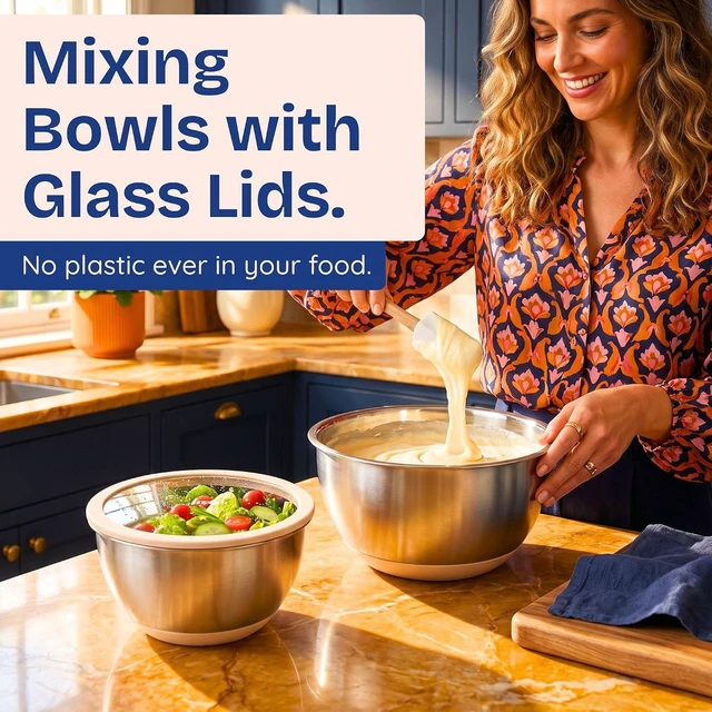 Alt view image 2 of 7 - Non-Toxic Stainless Steel Mixing Bowls, Glass Lids, Plastic Free, 5-Pcs