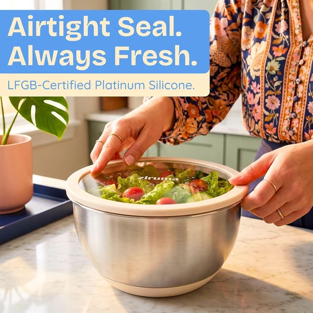 Alt view image 5 of 7 - Non-Toxic Stainless Steel Mixing Bowls, Glass Lids, Plastic Free, 5-Pcs