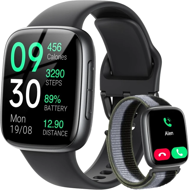 Main image of Smart Watch, 1.85" AMOLED Fitness Tracker with Bluetooth Call, Heart Rate/Sleep/SPO Monitor, 100+ Sports Modes, 3ATM Waterproof Smartwatch for Android/iPhone/, Includes 2 Bands