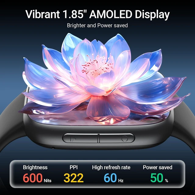 Alt view image 2 of 7 - Smart Watch, 1.85" AMOLED Fitness Tracker with Bluetooth Call, Heart Rate/Sleep/SPO Monitor, 100+ Sports Modes, 3ATM Waterproof Smartwatch for Android/iPhone/, Includes 2 Bands