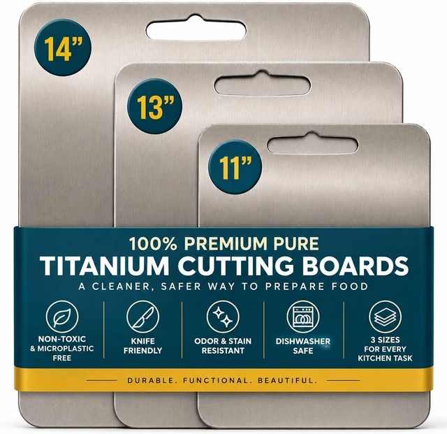 Main image of 100% Titanium Cutting Boards for Kitchen Set of 3, Double Sided Non Toxic Metal Cutting Board, Dishwasher Safe Chopping Board Set, S/M/L