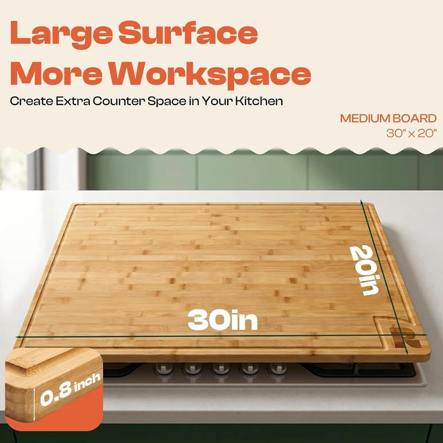 Alt view image 4 of 7 - Extra Large Bamboo Cutting Board, 30" x 20", 0.8 Inch Thick Cool Stove Top Cover Cutting Board, Noodle Board Stove Cover with Juice Groove, Reversible Butcher Block for Charcuterie
