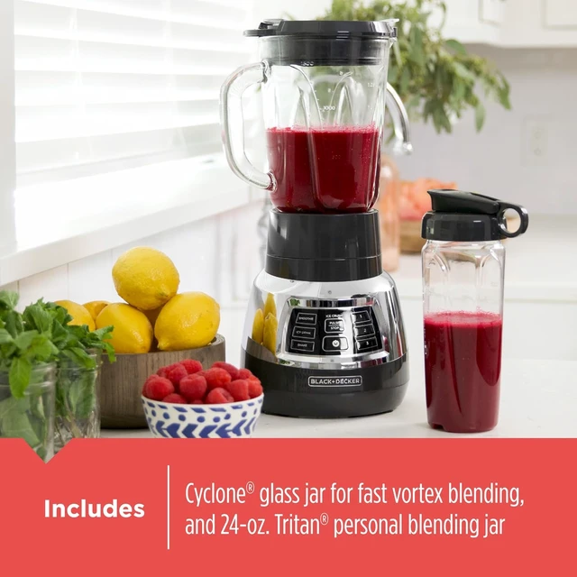 Alt view image 6 of 7 - Quiet Blender with 6-Cup Cyclone Glass Jar, 3 Speeds + 3 Functions & Serrated Blade Technology for Faster Blending, Pulse Button and 24-oz Personal Jar, 900W