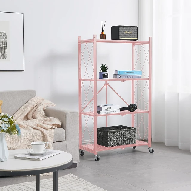 Alt view image 2 of 7 - 4-Tier Foldable Storage Shelves with Wheels, Folding Metal Rack Shelving Unit, Heavy Duty No Assembly Organizer Shelf for Garage, Kitchen, Basement, Pantry, Pink