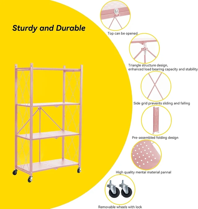 Alt view image 4 of 7 - 4-Tier Foldable Storage Shelves with Wheels, Folding Metal Rack Shelving Unit, Heavy Duty No Assembly Organizer Shelf for Garage, Kitchen, Basement, Pantry, Pink
