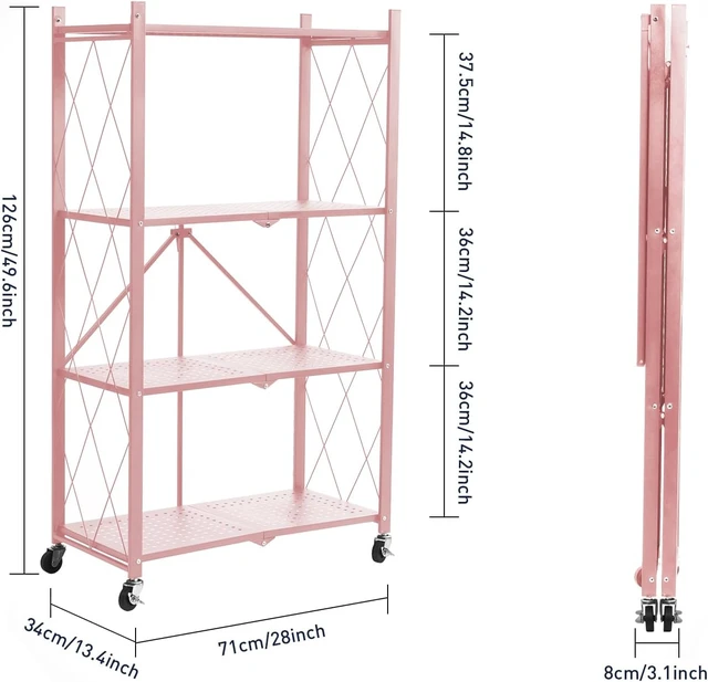 Alt view image 3 of 7 - 4-Tier Foldable Storage Shelves with Wheels, Folding Metal Rack Shelving Unit, Heavy Duty No Assembly Organizer Shelf for Garage, Kitchen, Basement, Pantry, Pink