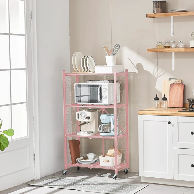 Alt view image 7 of 7 - 4-Tier Foldable Storage Shelves with Wheels, Folding Metal Rack Shelving Unit, Heavy Duty No Assembly Organizer Shelf for Garage, Kitchen, Basement, Pantry, Pink