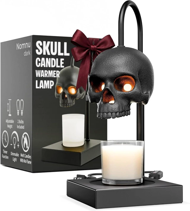 Main image of Skull Candle Warmer Lamp, Black Spooky Gothic Decor w/Timer & Dimmer