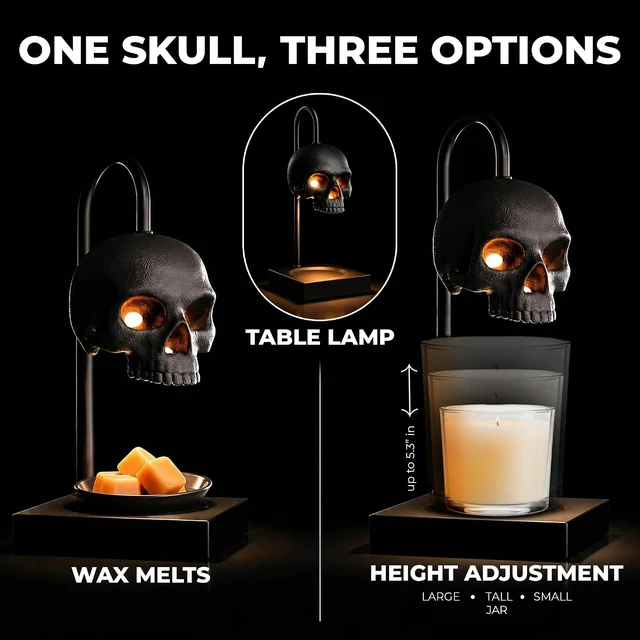 Alt view image 3 of 7 - Skull Candle Warmer Lamp, Black Spooky Gothic Decor w/Timer & Dimmer