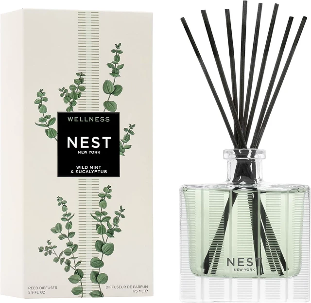 Main image of Reed Diffuser, Wild Mint & Eucalyptus - 5.9 fl oz - Fragrance for Up to 90 Days - Reusable, Refillable Glass Holder - Includes 8 All-Natural Reed Sticks - Flame Free