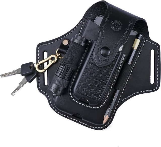 Main image of Leather Cell Phone Holster Case Multitool Sheath Flashlight Belt Pen Holder