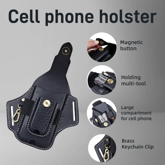 Alt view image 3 of 7 - Leather Cell Phone Holster Case Multitool Sheath Flashlight Belt Pen Holder
