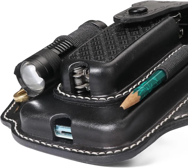 Alt view image 7 of 7 - Leather Cell Phone Holster Case Multitool Sheath Flashlight Belt Pen Holder