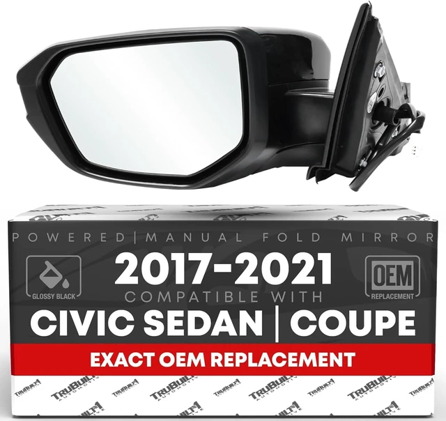 Main image of Driver Side Mirror Replacement - Compatible with 2017-2021 Honda Civic Sedan, 17-21 Honda Civic Coupe - Powered Adjustment, Manual Fold, Flat Glass - Smooth Black, 4H3P - OEM 76258TBAA021ZA, HO1320314