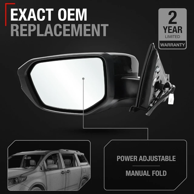 Alt view image 2 of 7 - Driver Side Mirror Replacement - Compatible with 2017-2021 Honda Civic Sedan, 17-21 Honda Civic Coupe - Powered Adjustment, Manual Fold, Flat Glass - Smooth Black, 4H3P - OEM 76258TBAA021ZA, HO1320314