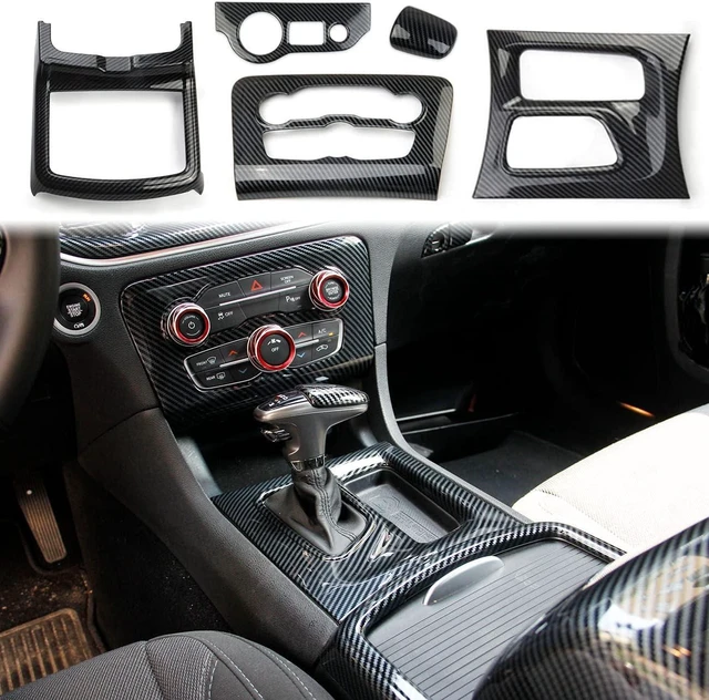 Main image of Carbon Fiber Central Control AC Gear Shift Cup Holder Headlight Switch Button Panel Cover Trim 5pcs for Dodge Charger 2015-2022
