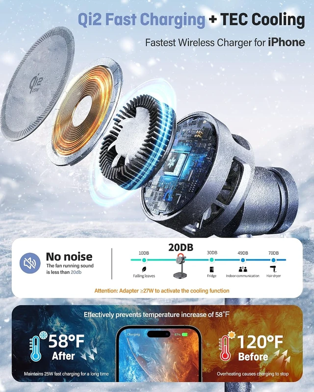 Alt view image 2 of 7 - 25W Qi2.2-Certified Wireless Charging Stand TEC Cooling High-Grade Alloy