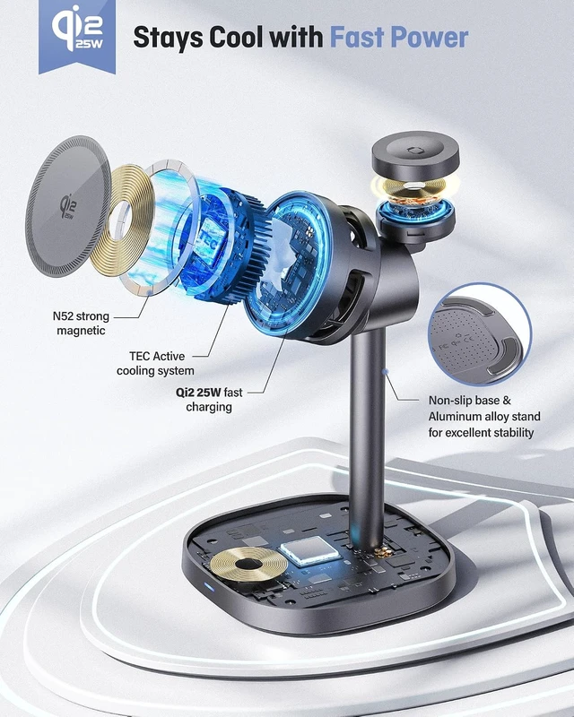 Alt view image 4 of 7 - 25W Qi2.2-Certified Wireless Charging Stand TEC Cooling High-Grade Alloy