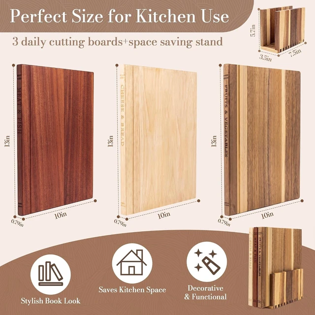 Alt view image 3 of 7 - Book Cutting Board Set for Kitchen 3 PCS Wooden Cutting Board with Stand