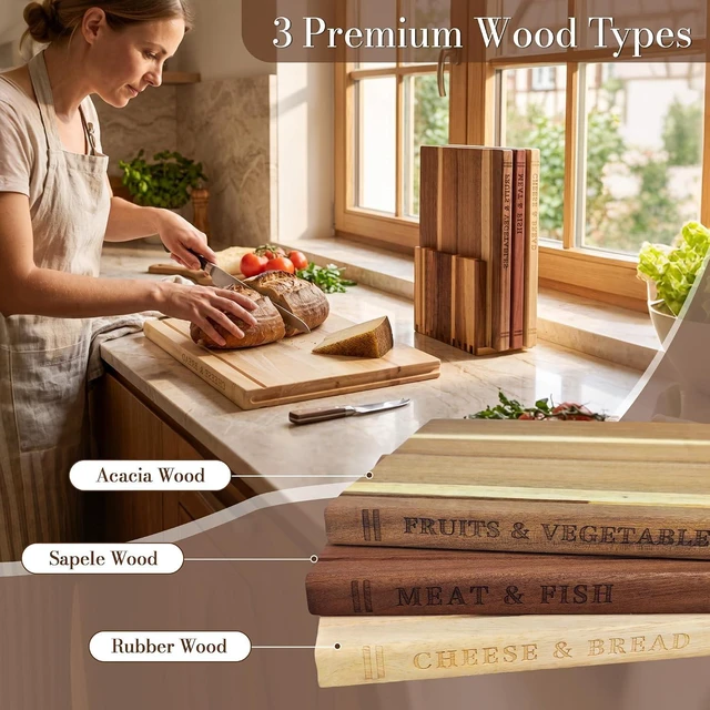 Alt view image 5 of 7 - Book Cutting Board Set for Kitchen 3 PCS Wooden Cutting Board with Stand
