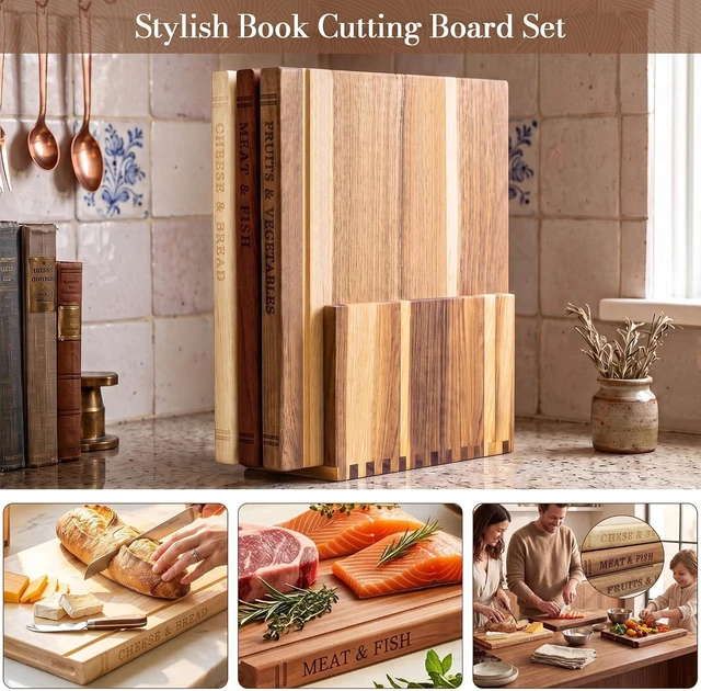 Alt view image 6 of 7 - Book Cutting Board Set for Kitchen 3 PCS Wooden Cutting Board with Stand