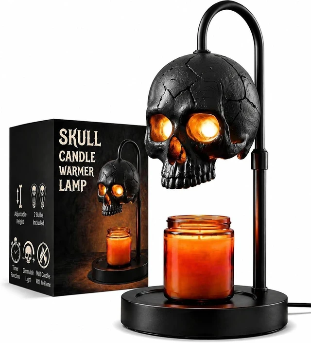Main image of Skull Candle Warmer Lamp with Timer & Dimmer, Black Gothic Candle Warmer