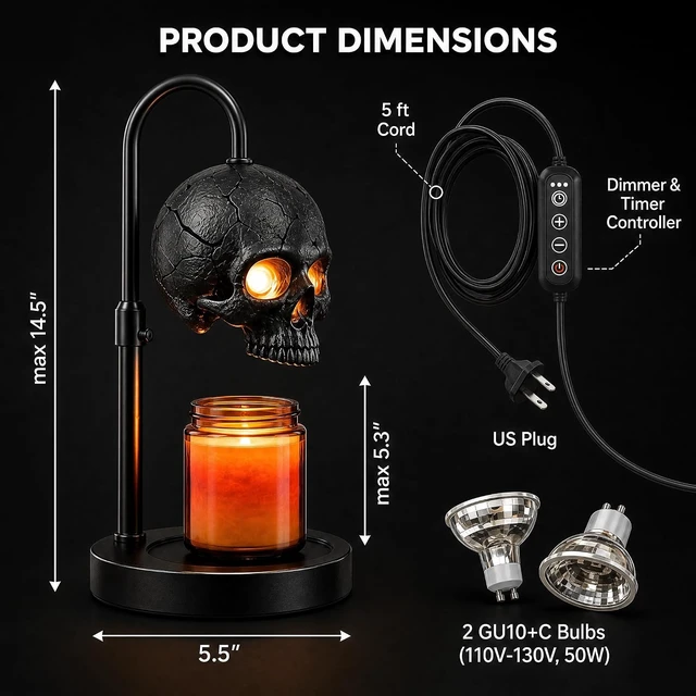Alt view image 2 of 7 - Skull Candle Warmer Lamp with Timer & Dimmer, Black Gothic Candle Warmer