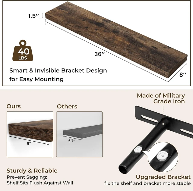 Alt view image 4 of 7 - 36Inch Floating Shelves for Wall 2Pack|Rustic Brown|8" D