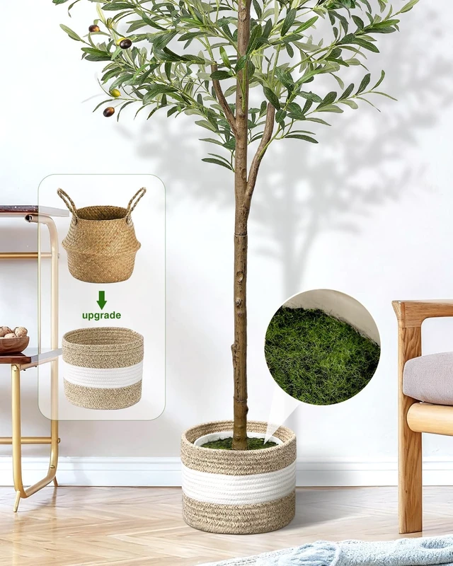 Alt view image 3 of 7 - 6FT Artificial Olive Tree Indoor Tall Faux with Planter&Basket