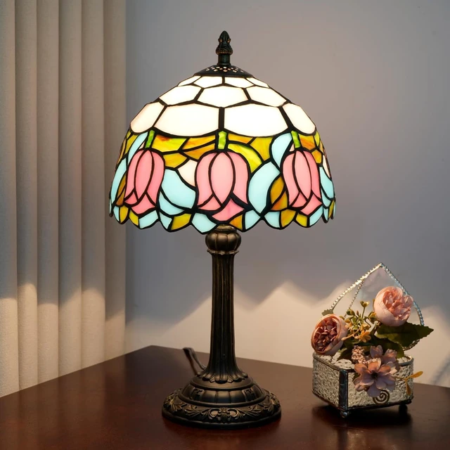 Alt view image 3 of 7 - Tiffany Lamp Stained Glass Table Lamp Pink Tulip Cute Small Bedside lamp Living Room Dining Room Office Decoration Desk lamp Home Decoration Creative Gift Scene Props