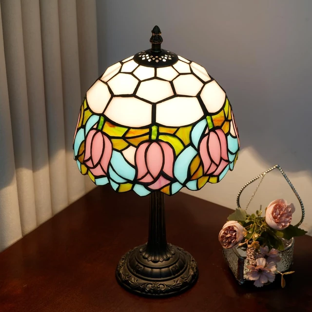 Alt view image 5 of 7 - Tiffany Lamp Stained Glass Table Lamp Pink Tulip Cute Small Bedside lamp Living Room Dining Room Office Decoration Desk lamp Home Decoration Creative Gift Scene Props