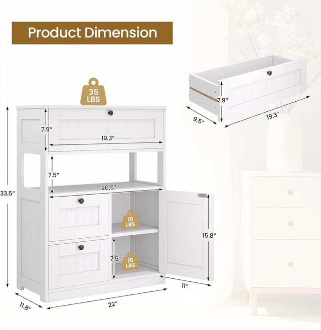 Alt view image 3 of 7 - Bathroom Cabinet, Modern Bathroom Floor Storage Cabinet Organizer with 1 Door and 3 Drawers, Freestanding Cupboard for Kitchen/Living Room Use