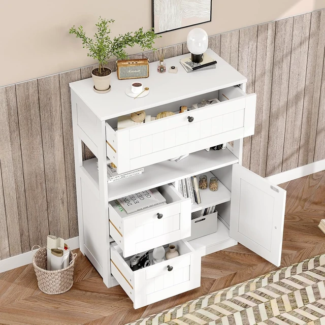 Alt view image 4 of 7 - Bathroom Cabinet, Modern Bathroom Floor Storage Cabinet Organizer with 1 Door and 3 Drawers, Freestanding Cupboard for Kitchen/Living Room Use