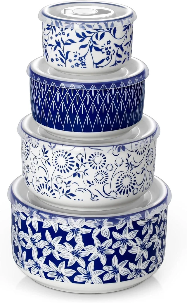 Main image of Ceramic Nesting Bowls with Lids Set of 4, Serving Bowls for Food Storage, Prep Bowl, Ceramic Bowl for Kitchen, Microwave & Dishwasher Safe, 60+36+20+10 Oz, Series SELENE