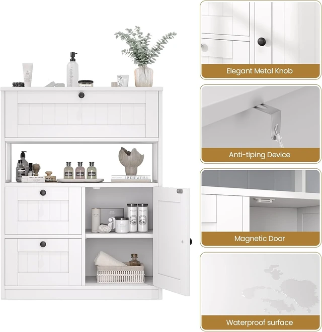 Alt view image 6 of 7 - Bathroom Cabinet, Modern Bathroom Floor Storage Cabinet Organizer with 1 Door and 3 Drawers, Freestanding Cupboard for Kitchen/Living Room Use