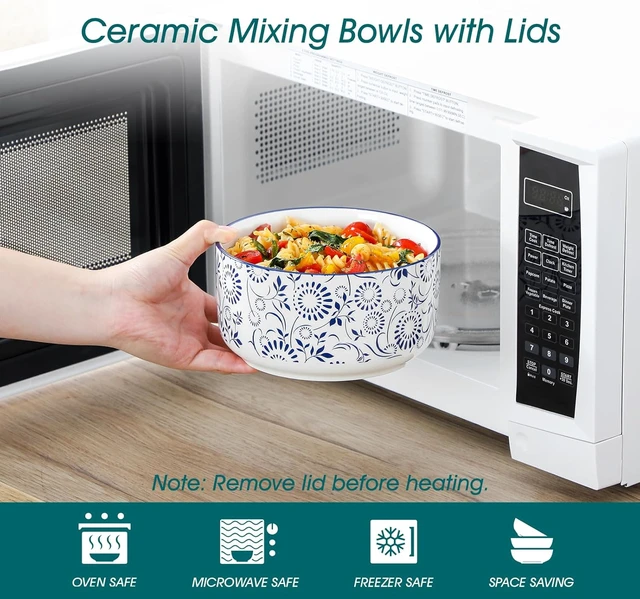 Alt view image 3 of 7 - Ceramic Nesting Bowls with Lids Set of 4, Serving Bowls for Food Storage, Prep Bowl, Ceramic Bowl for Kitchen, Microwave & Dishwasher Safe, 60+36+20+10 Oz, Series SELENE