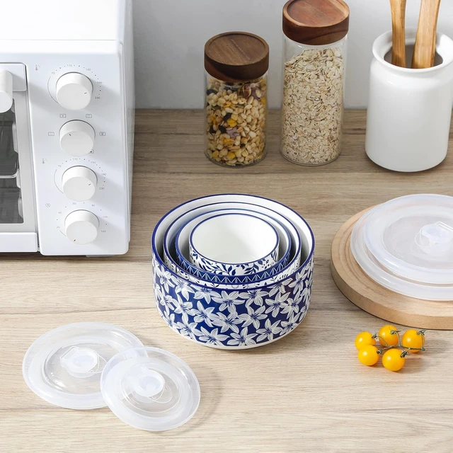 Alt view image 6 of 7 - Ceramic Nesting Bowls with Lids Set of 4, Serving Bowls for Food Storage, Prep Bowl, Ceramic Bowl for Kitchen, Microwave & Dishwasher Safe, 60+36+20+10 Oz, Series SELENE