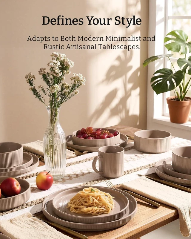 Alt view image 2 of 7 - Ceramic Plates and Bowls Set, Dinnerware Sets, Ribbed Dishes for 4