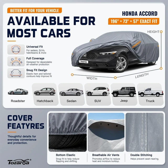 Alt view image 3 of 7 - Car Cover Waterproof All-Weather,Outdoor Full Exterior Sedan Covers Custom Fit for Honda Accord,Chevy Malibu,Nissan Altima,Maxima,Sonata,Kia K5,Ford Fusion,CT5 XTS etc,Size A4(See Size Chart)