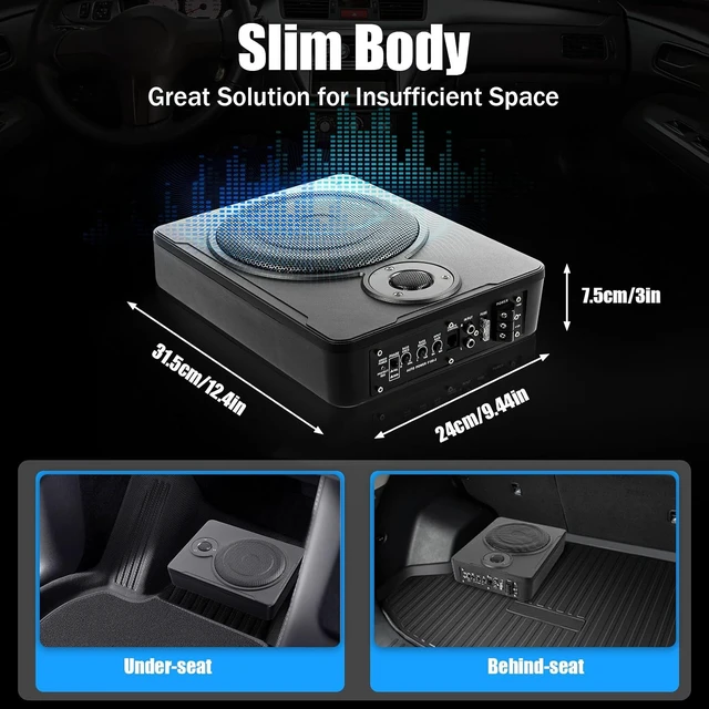 Alt view image 3 of 7 - 8 in 600W Audio Slim Under-Seat Powered Subwoofer with Amp Kit, Car/Truck Sub Bass Speaker Kit Pure Music Output