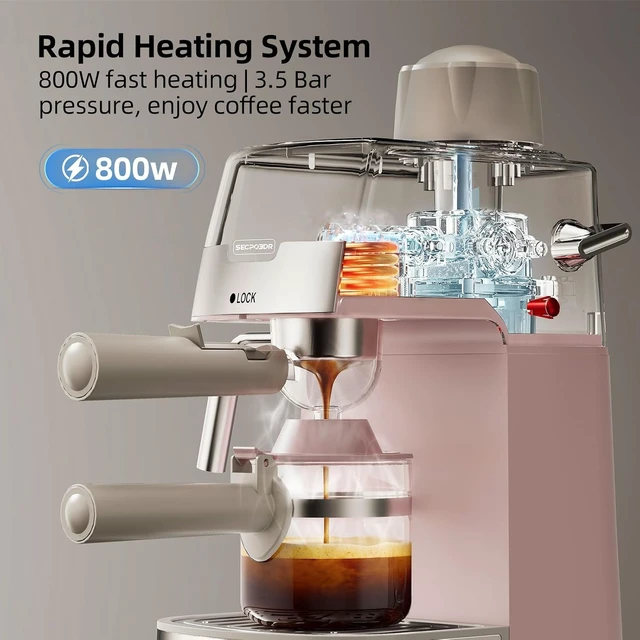 Alt view image 4 of 7 - 3.5Bar Espreeso Machine 4-Cup Compact Coffee Maker 800W Pink
