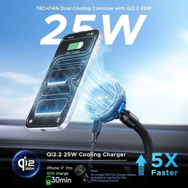 Alt view image 2 of 7 - Qi2 25W Cooling Wireless Car Charger 15 Inch Cup Holder Phone Mount