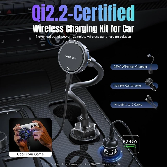Alt view image 5 of 7 - Qi2 25W Cooling Wireless Car Charger 15 Inch Cup Holder Phone Mount